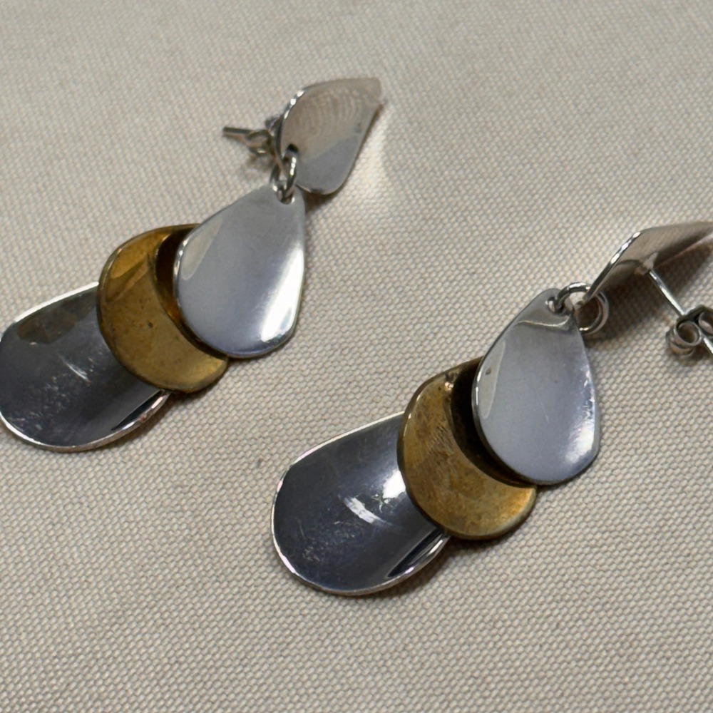 Taxco Mexico 925 Sterling Silver Mixed Metal Tiered Teardrop Earrings TC-164 GUC - Picture 16 of 16